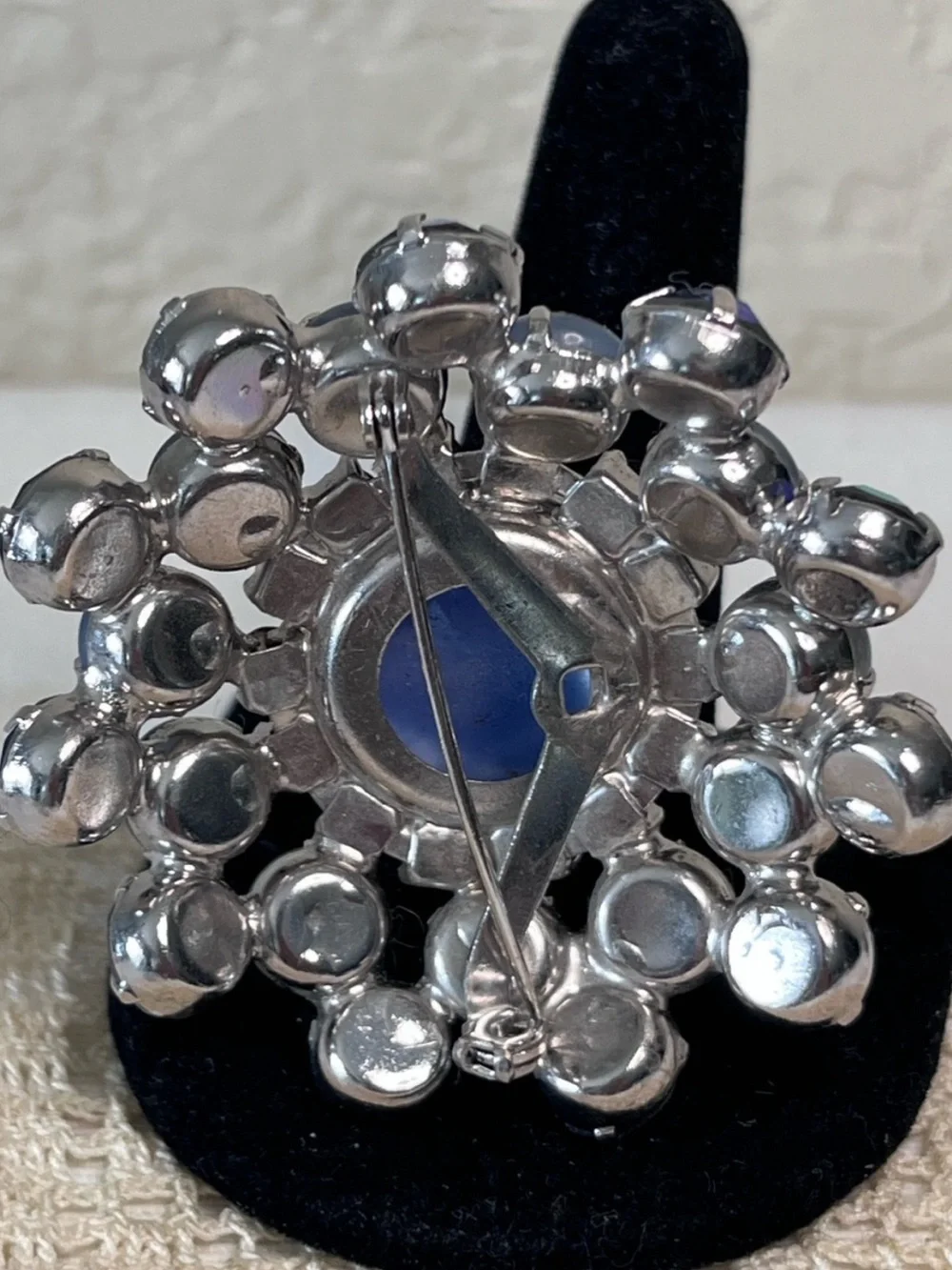 Vintage Blue Moonglow Glass AB Rhinestone Brooch Silver Tone MCM